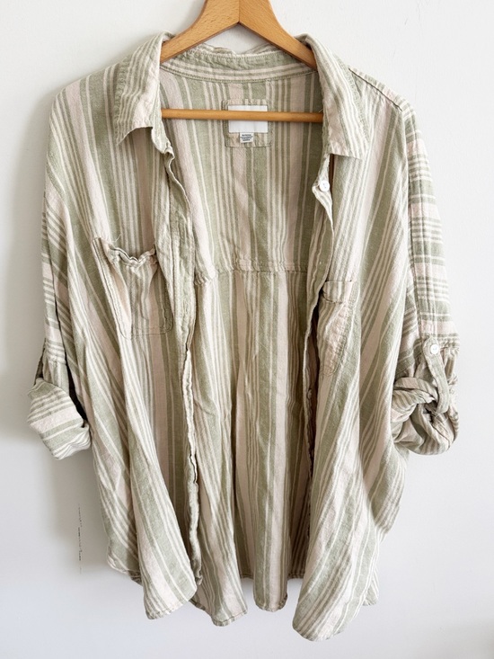 American Eagle Outfitters Tops - American eagle linen green beige stripe oversized tunic button down top size XL